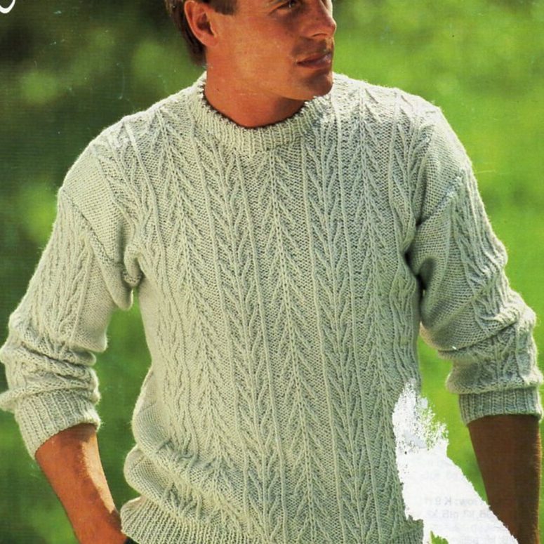 mens sweater knitting pattern pdf cable crew neck jumper Vintage 38-46 inch aran worsted 10ply pdf Instant download