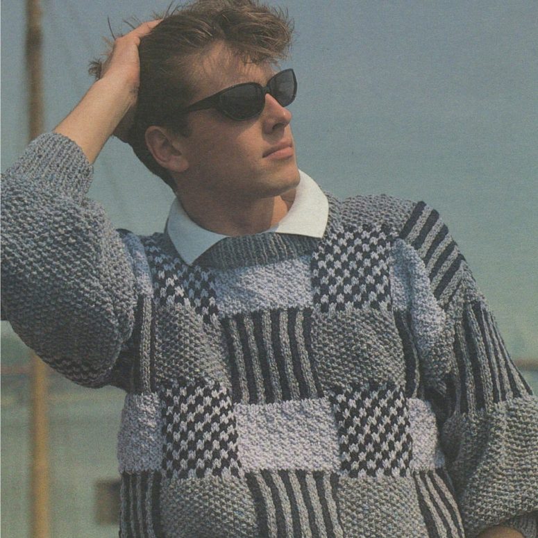 Mens Aran Sweater Knitting Pattern PDF 32 - 34, 36 - 38 and 40 - 42 inch chest, Patterned Squares Jumper, Vintage Knitting Patterns for Men