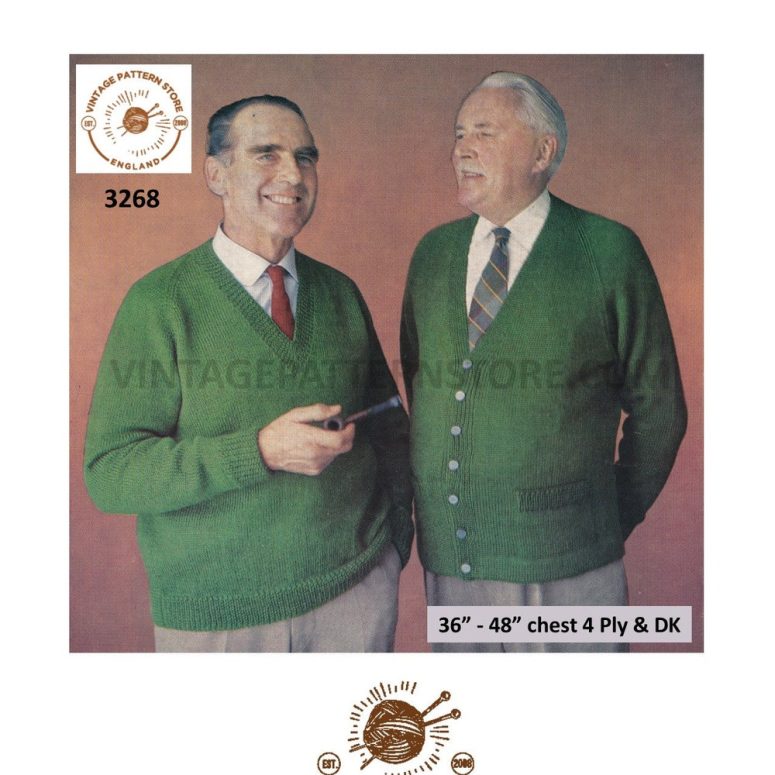 Mens Mans 60s vintage plain & simple easy to knit 4 ply V neck raglan cardigan sweater jumper pdf knitting pattern 36" to 48" Download 3268