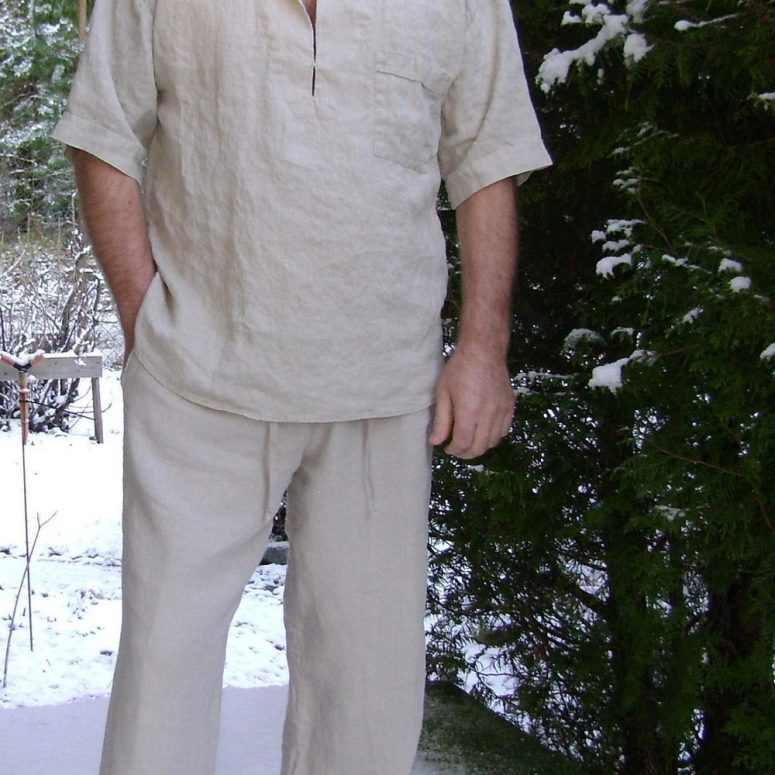 Mens Linen Shirt and Pants, Summer Set, Trouser with Drawstring and Elastic Waist and Side Pocket, Short Sleeve Shirt with Small Collar,