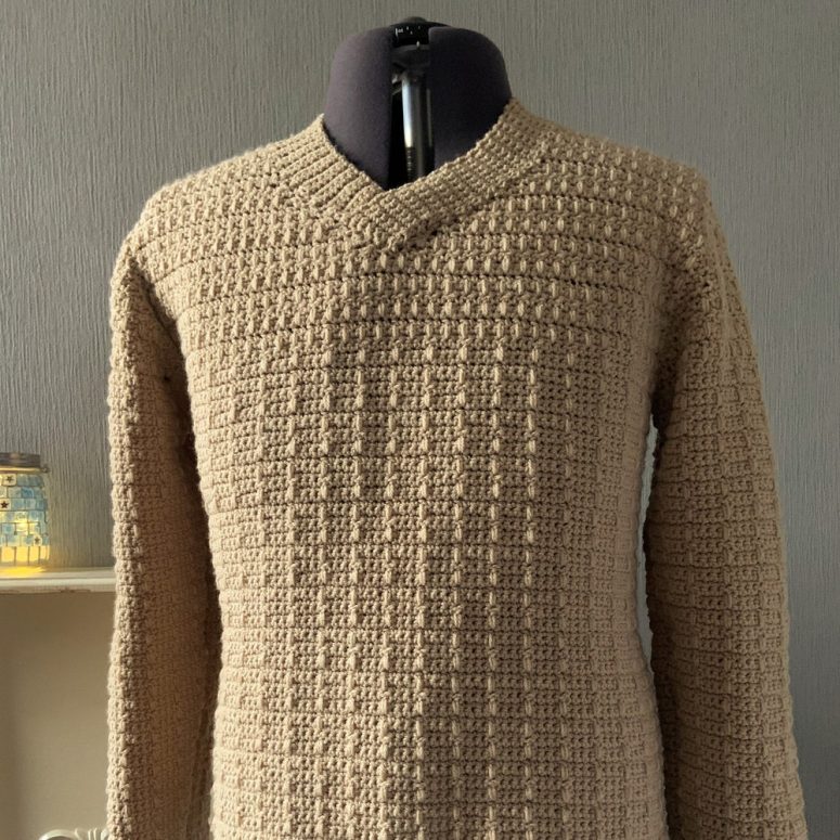 Men's Crochet PDF Pattern, Long Loop Stripe Textured V Neck Sweater