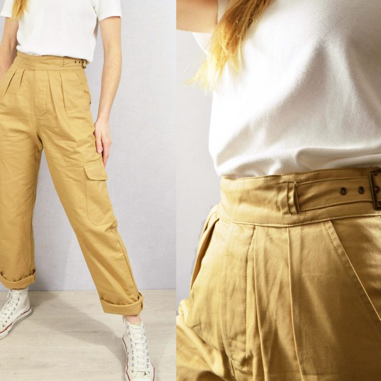 Unisex High Waisted Gurkha Pants - 100% Cotton - 1950s Army Style Trousers - Buckle Adjustable - Tan Beige / Army Green / Navy Ink Blue