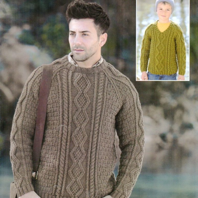 mens aran sweater knitting pattern pdf download mens cable crew neck jumper 24-46 inch chest Aran worsted 10ply yarn pdf instant download