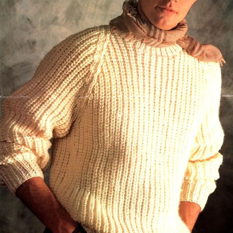 Mens  Fishermans Rib Sweater Raglan Sleeve Knitting Pattern PDF ribbed jumper 36-46" Chunky Wool Instant Download