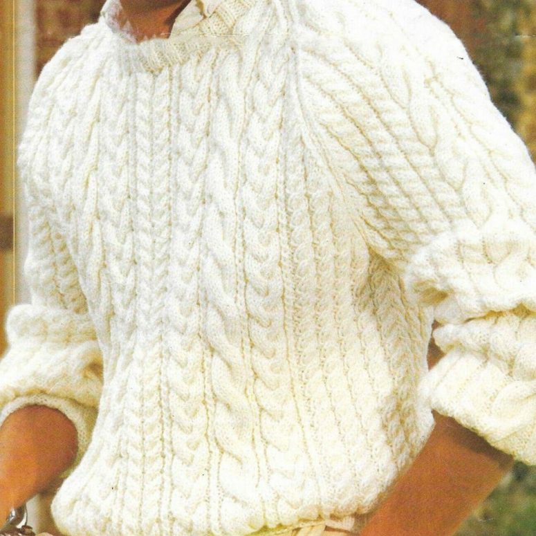 Man's Cable crew neck sweater- Aran  10 Ply worsted weight wool- chest  34-42 ins- Knitting Pattern - Instant Download