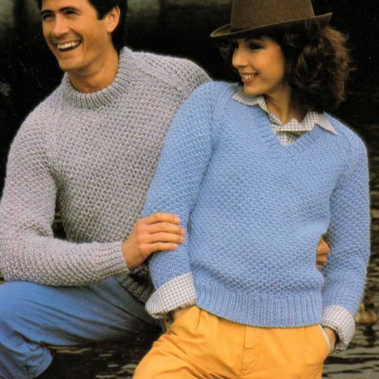 Easy Round & V Neck Moss Stitch Raglan Sweater Womens Mens 32"- 46" ~  Chunky 12 Ply Knitting Pattern PDF Instant download