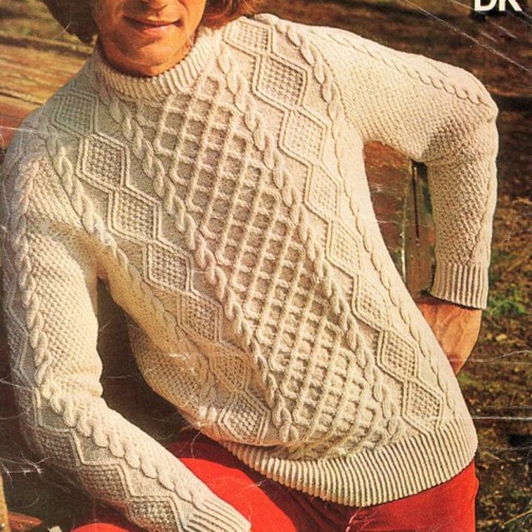 Mens Aran Style Traditional Cable Crew Neck Fishermans Sweater 38"-42"~ DK 8 Ply Light Worsted Knitting Pattern PDF download