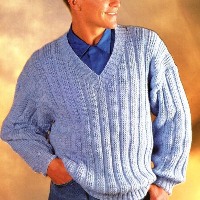 Mens Sweater Rib Sweater Jumper V Neck Drop Sleeve Knitting Pattern PDF  36-44" DK Light Worsted 8ply Digital Download
