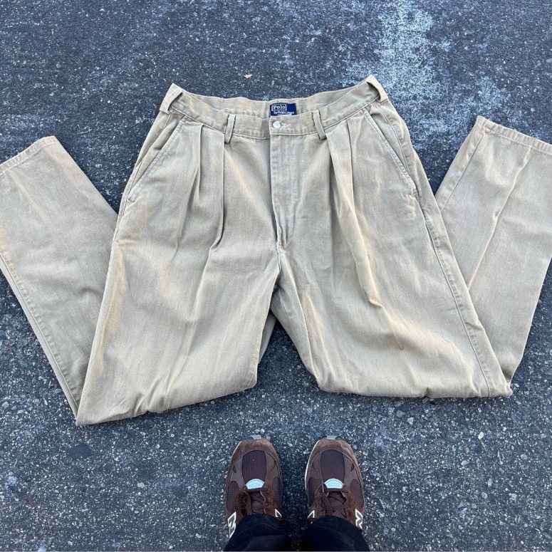 34x32 USA Polo Ralph Lauren chinos khaki khaki tan pants camel pleated slacks trousers 32 34 30 31 33 wide straight leg 100 cotton twill M L