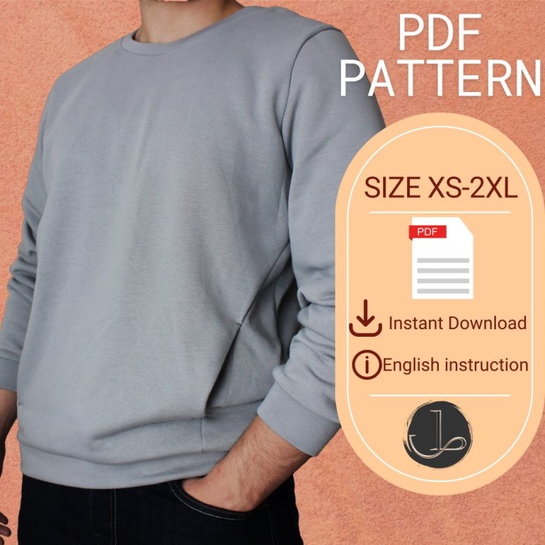Men's sweatshirt sewing pattern with hidden pocket/PDF Pattern/Sewing patterns for men sweatshirt/Sweatshirt Pattern/Crewneck sweater/Gifts