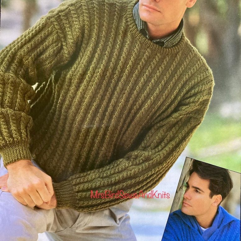 Men’s cable knit sweater with or without collar to knit in DOUBLE KNIT yarn. Chest 34-42 inch.  Classic. Instant download knitting pattern.