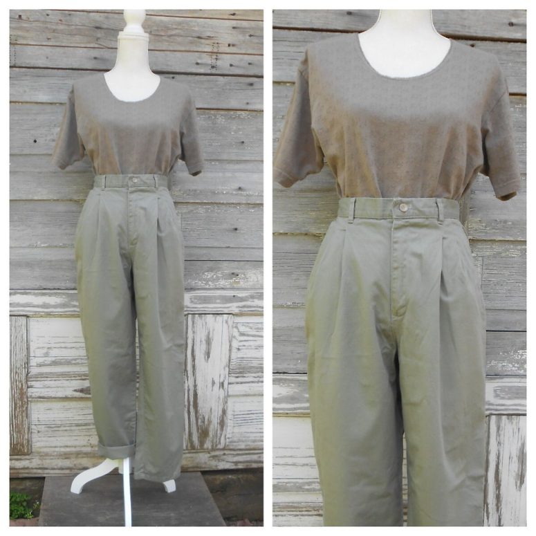 90s Sage Khaki Chinos/High Waisted Pants/Minimal Cotton Trousers/32 waist/size 14 petite