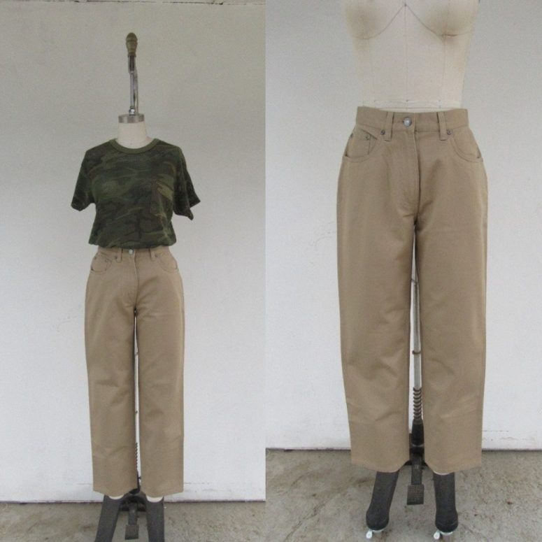 Deadstock LL BEAN Camel Brown All Cotton Five Pocket Jeans | High Waist Khaki Trousers Chinos | Minimal 90s LL Bean Mom Pants | 27 Waist