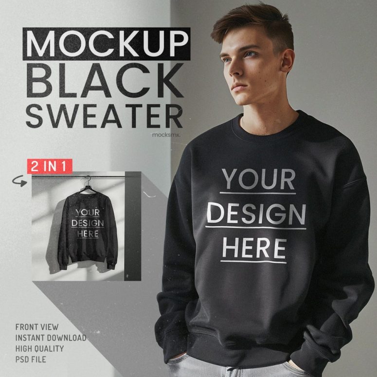 MOCKUP - 2 in 1 Black Sweater for men- PSD File + Smart Object. minimalist, aesthetic, modern