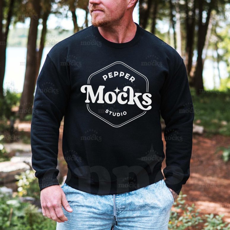 Gildan 18000 Black Crewneck Sweatshirt Mockup | Mens G180 Sweater Mock-up | Real Model Mock | Casual Simple Male Dad Outdoor Nature Mocks