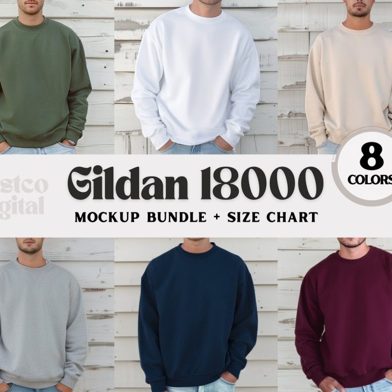 Mens Gildan 18000 Mockup Bundle, Gildan 18000 Model Mockup, Male Sweatshirt Mockup, Print-on-Demand, Gildan Mock 18000 male models Crewneck