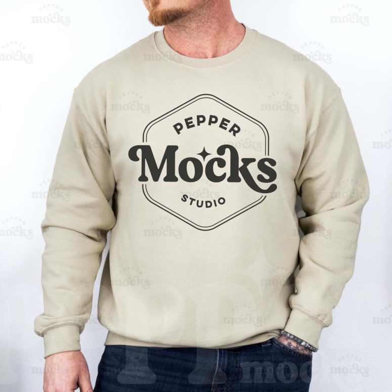 Gildan 18000 Sand Crewneck Sweatshirt Mockup | Mens Beige G180 Sweater Mock-up | Real Model Mock | Casual Simple Mock | Mens Gildan 18000