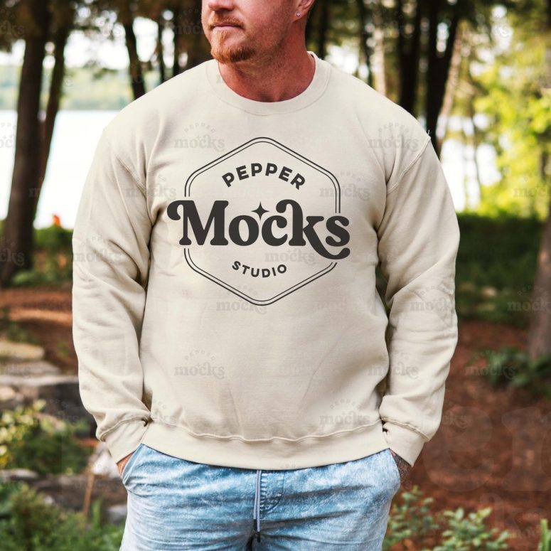 Gildan 18000 Sand Crewneck Sweatshirt Mockup | Mens Beige G180 Sweater Mock-up | Real Model Mock | Casual Simple Male Outdoors Nature Mock