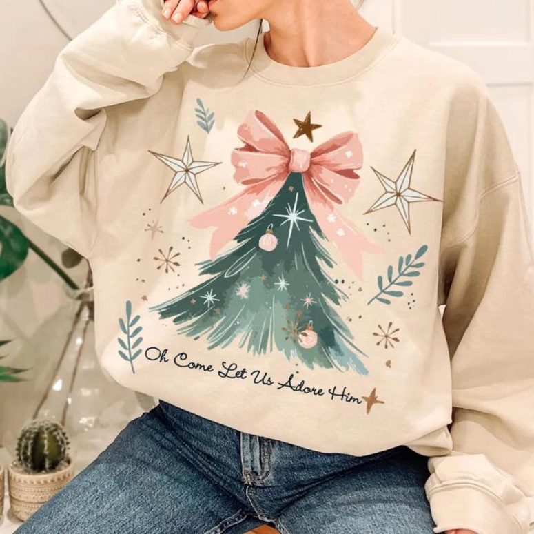 O Come Let Us Adore Him Sweater - Christian Christmas Sweatshirt, Gift for Friend, Cute Holiday Sweater, Christmas Tree Pullover, Simple