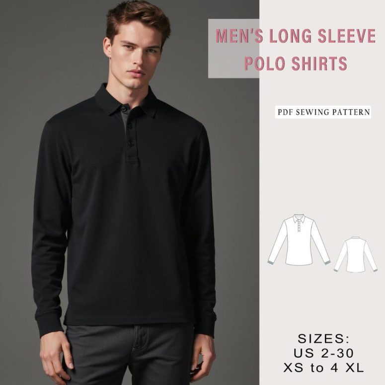 Men's Polo Sweatshirt Sewing Pattern,  Long Sleeve Sleeve Sweatshirt, Men's Sweatshirt Pattern, Sweater Sewing , Simple Sweatshirt ,XS-4XL