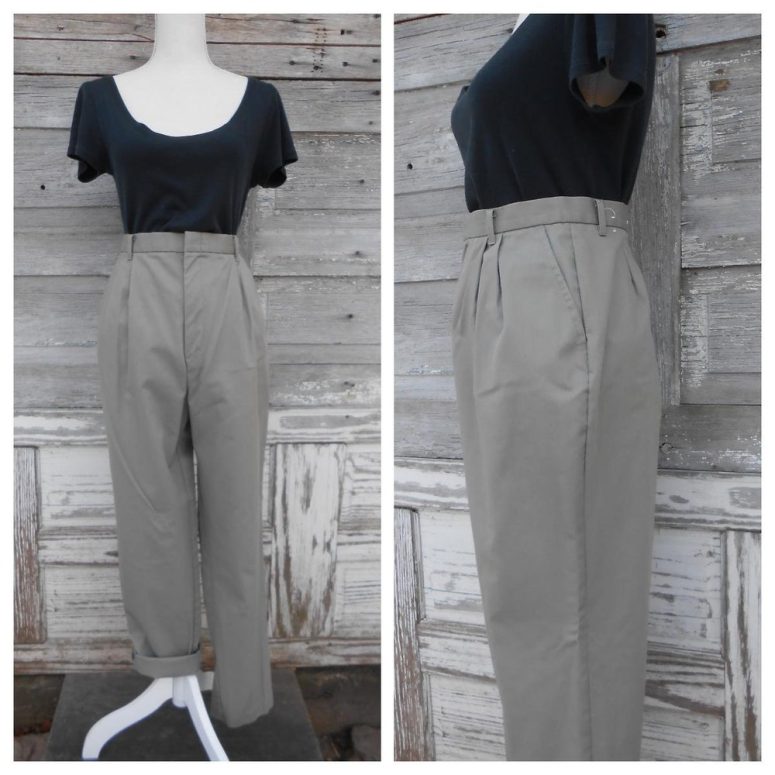 90s High Waisted Pants/Sage Green Cotton blend Trousers/32 waist