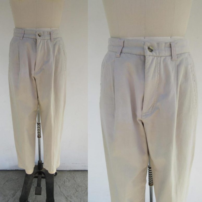 90s All Cotton High Waist Pleated Tapered Khakis | Minimalist Chinos High Rise Cotton Pants Slacks | 28 Waist