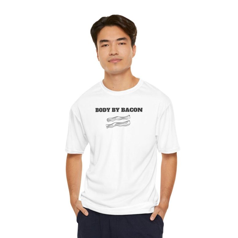 Body By Bacon Men's Performance T-Shirt, Funny Workout Shirt, Gym Apparel, Bacon Lover Gift, Fitness Tee, Dri-Fit Top