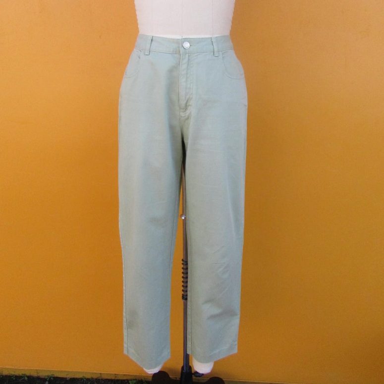 90s 00s Y2K Sage All Cotton Mid High Rise Waist Chinos | Straight Leg Trousers Pants | Minimal Khakis Jeans | 29 Waist