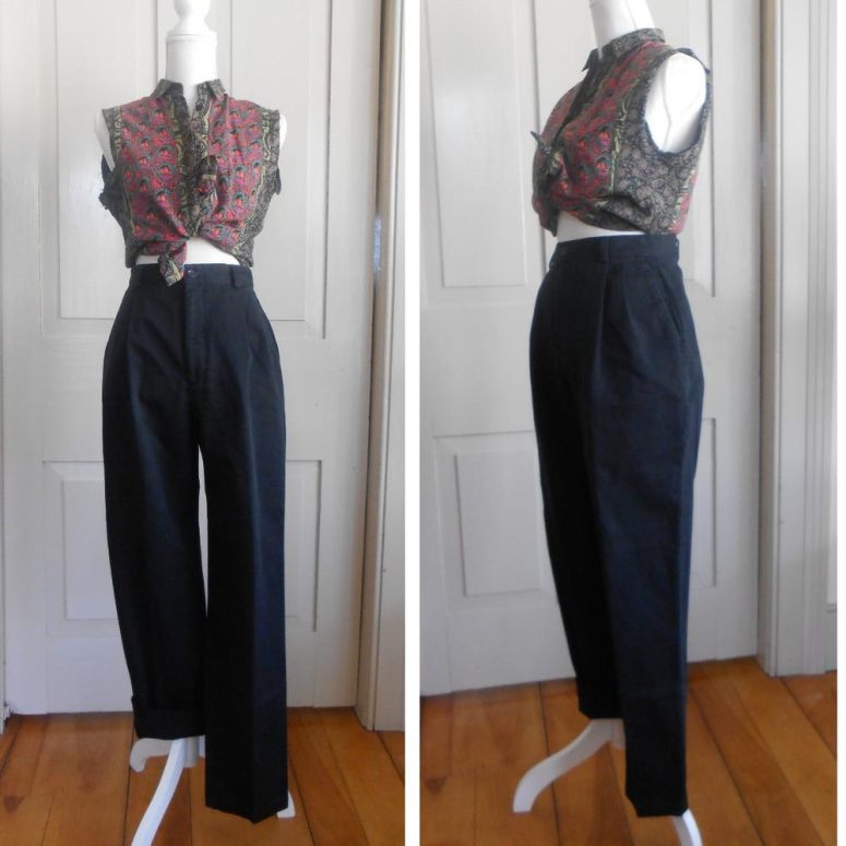 vintage Black Khaki Chinos/High Waisted Cotton Pants/Minimal Black Pants/30 waist/size 12