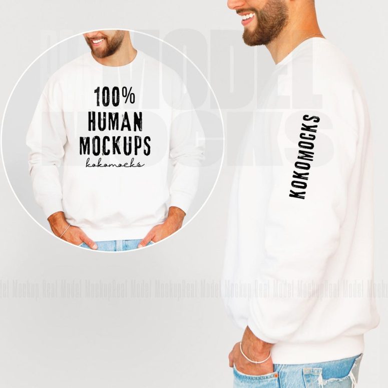 WHITE Gildan 18000 Mockup | Men's Sweatshirt Sleeve Mockup | Crewneck Mockup | Real Model Mockup | Male Model Mockup