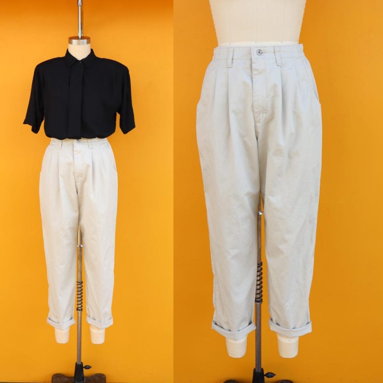 90s LEE 100%  Cotton High Rise Waist Tapered Khakis | Lere Tan Pleated Pants | Capsule Wardrobe Business Casual Slacks | 28 to 30 Waist