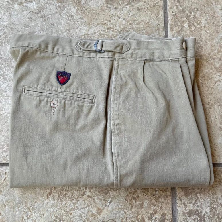 Vintage POLO RALPH LAUREN Khaki Cotton Twill Pleated Trousers | 33 x 29 | Made in Usa Ivy League Trad