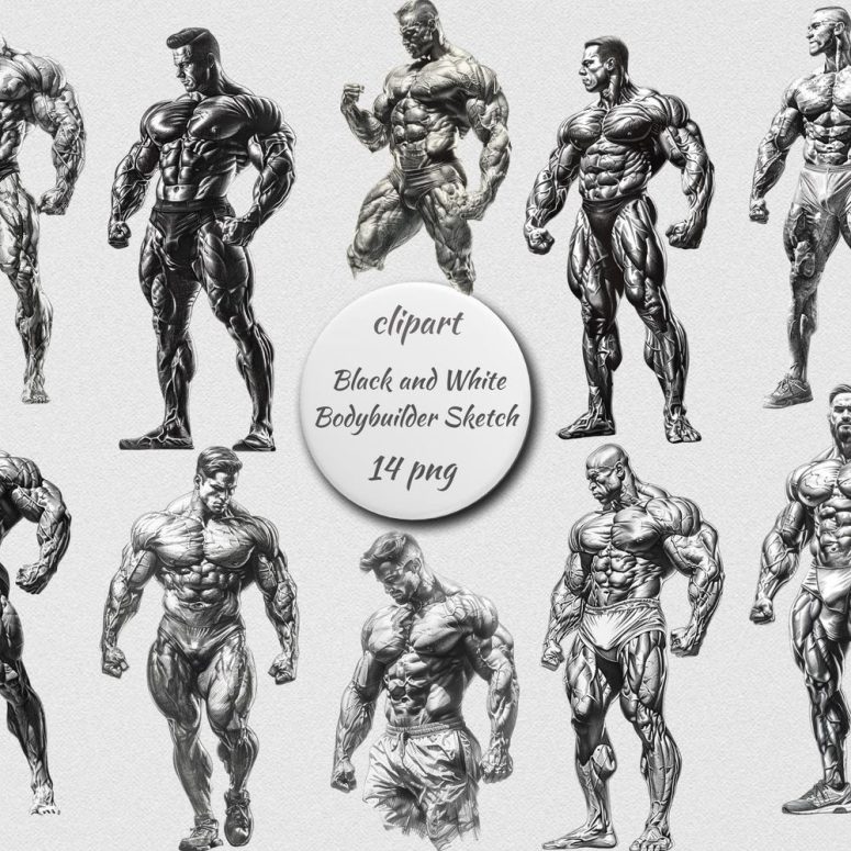 Bodybuilder Sketch Clipart, Muscular Man PNG, Black and White Fitness Drawing Set, Transparent Background, Instant Download Commercial Use